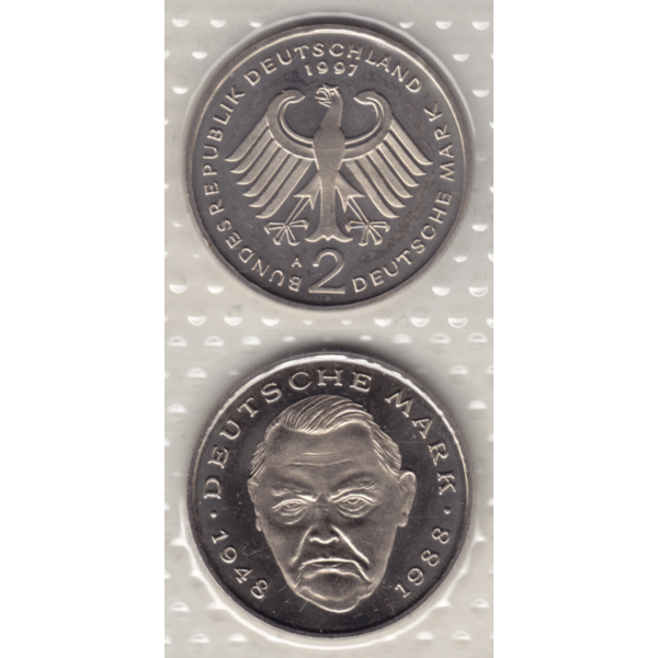 BRD-Deutschland A für Berlin 1997, 2 Deutsche Mark Gedenkmünze Ludwig Erhard, VS+RS vertikal Farbe.png Quadratbild