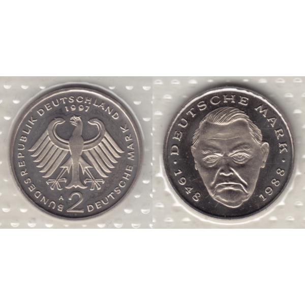 BRD-Deutschland A für Berlin 1997, 2 Deutsche Mark Gedenkmünze Ludwig Erhard, VS+RS horizontal Farbe.png Quadratbild