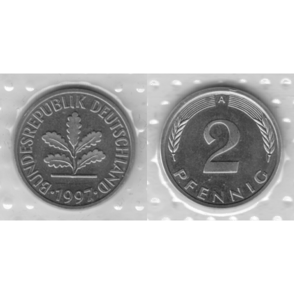 BRD-Deutschland A für Berlin 1997, 2 Deutscher Pfennig, VS+RS horizontal Graustufen.png Quadratbild