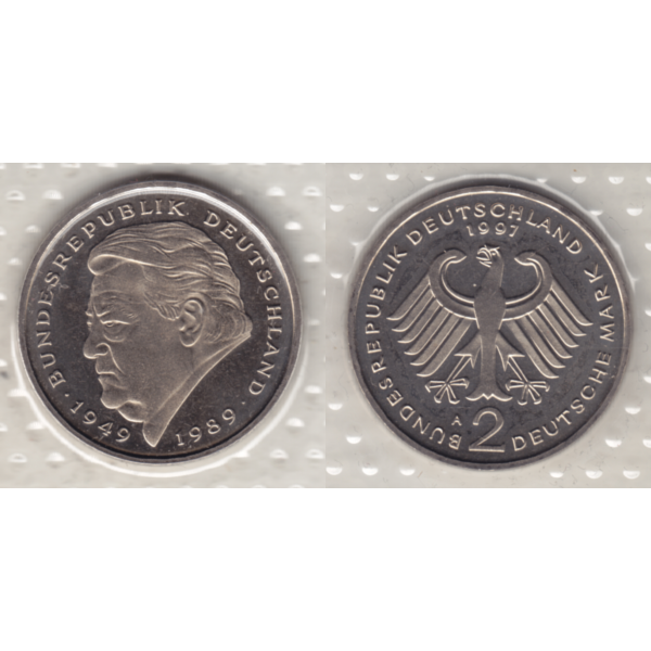 BRD-Deutschland A für Berlin 1997, 2 Deutsche Mark Gedenkmünze Franz Josef Strauß, RS+VS horizontal Farbe.png Quadratbild