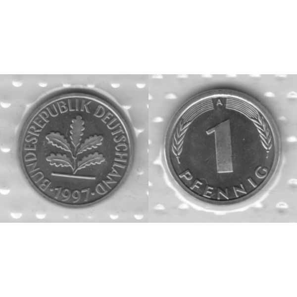 BRD-Deutschland A für Berlin 1997, 1 Deutscher Pfennig, VS+RS horizontal Graustufen.png Quadratbild