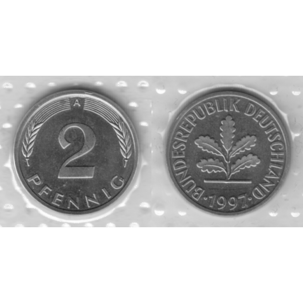 BRD-Deutschland A für Berlin 1997, 2 Deutscher Pfennig, RS+VS horizontal Graustufen.png Quadratbild