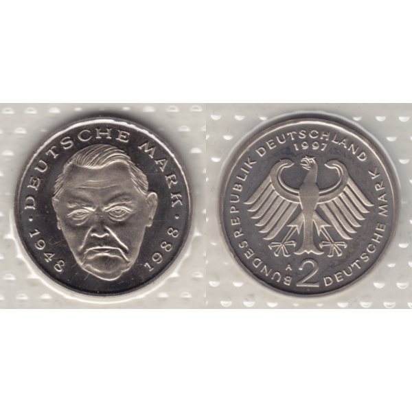 BRD-Deutschland A für Berlin 1997, 2 Deutsche Mark Gedenkmünze Ludwig Erhard, RS+VS horizontal Farbe.png Quadratbild