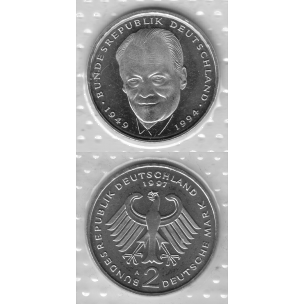 BRD-Deutschland A für Berlin 1997, 2 Deutsche Mark Gedenkmünze Willy Brandt, RS+VS vertikal Graustufen.png Quadratbild