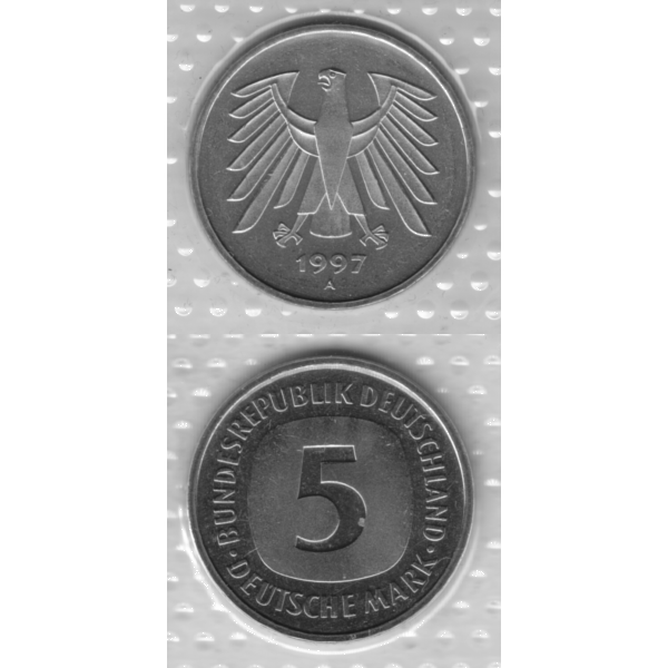 BRD-Deutschland A für Berlin 1997, 5 Deutsche Mark, VS+RS vertikal Graustufen.png Quadratbild