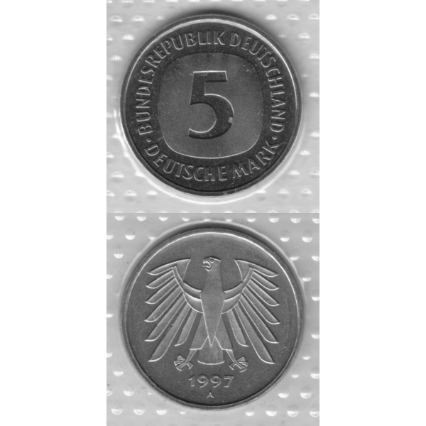 BRD-Deutschland A für Berlin 1997, 5 Deutsche Mark, RS+VS vertikal Graustufen.png Quadratbild