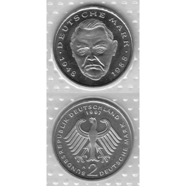 BRD-Deutschland A für Berlin 1997, 2 Deutsche Mark Gedenkmünze Ludwig Erhard, RS+VS vertikal Graustufen.png Quadratbild