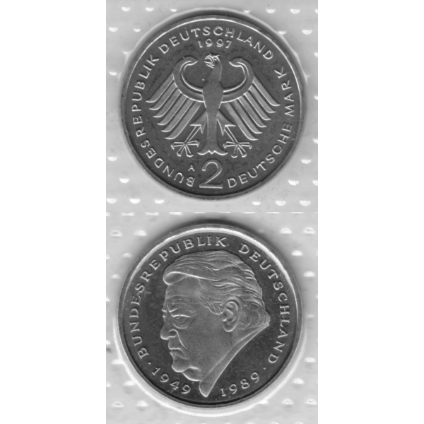BRD-Deutschland A für Berlin 1997, 2 Deutsche Mark Gedenkmünze Franz Josef Strauß, VS+RS vertikal Graustufen.png Quadratbild