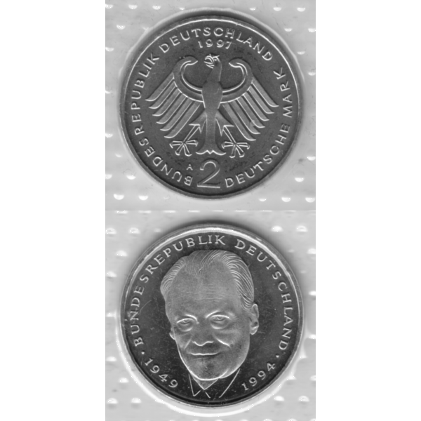 BRD-Deutschland A für Berlin 1997, 2 Deutsche Mark Gedenkmünze Willy Brandt, VS+RS vertikal Graustufen.png Quadratbild