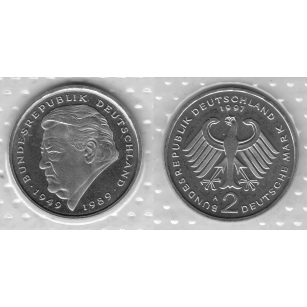 BRD-Deutschland A für Berlin 1997, 2 Deutsche Mark Gedenkmünze Franz Josef Strauß, RS+VS horizontal Graustufen.png Quadratbild