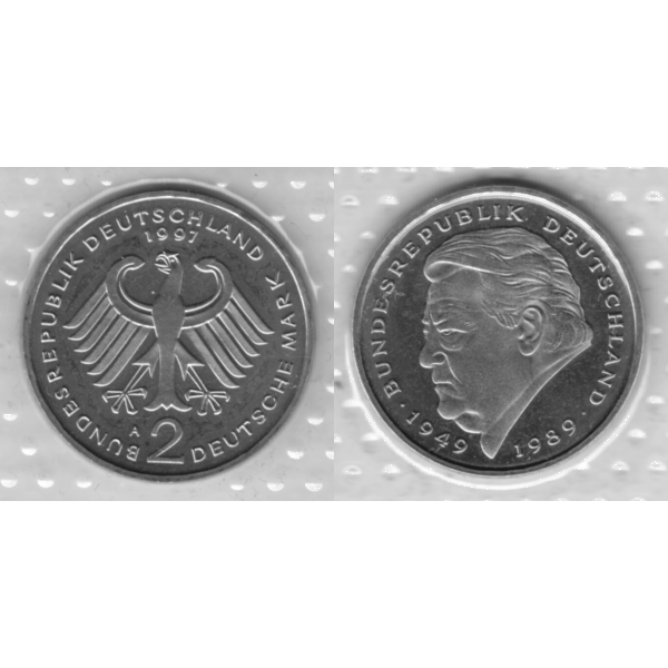 BRD-Deutschland A für Berlin 1997, 2 Deutsche Mark Gedenkmünze Franz Josef Strauß, VS+RS horizontal Graustufen.png Quadratbild