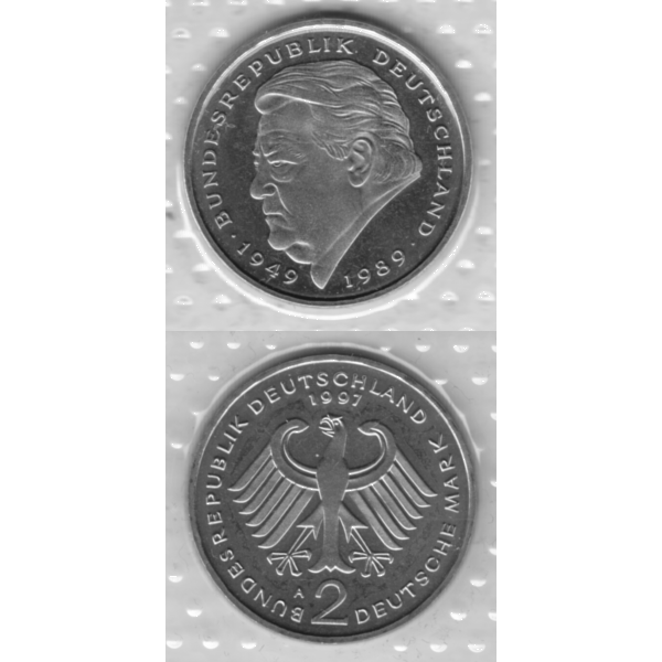 BRD-Deutschland A für Berlin 1997, 2 Deutsche Mark Gedenkmünze Franz Josef Strauß, RS+VS vertikal Graustufen.png Quadratbild