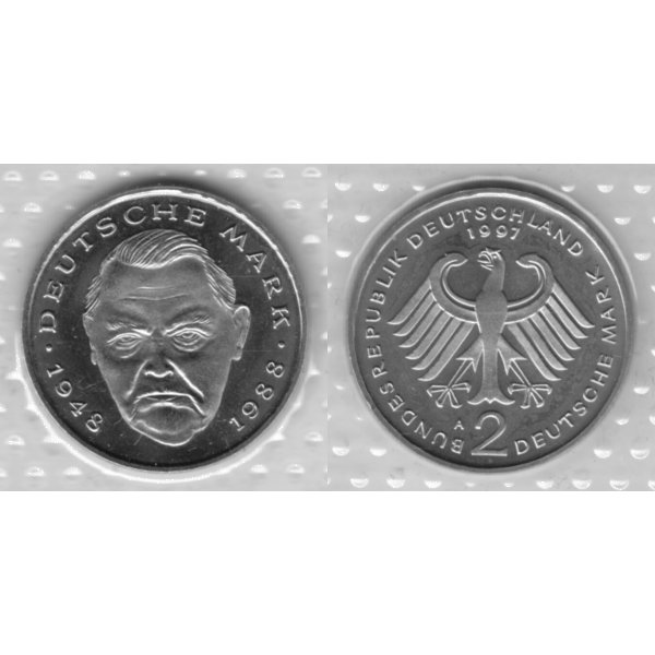 BRD-Deutschland A für Berlin 1997, 2 Deutsche Mark Gedenkmünze Ludwig Erhard, RS+VS horizontal Graustufen.png Quadratbild