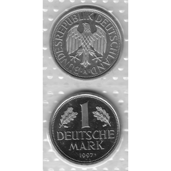 BRD-Deutschland A für Berlin 1997, 1 Deutsche Mark, VS+RS vertikal Graustufen.png Quadratbild