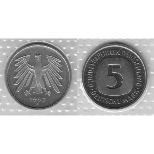 BRD-Deutschland A für Berlin 1997, 5 Deutsche Mark, VS+RS horizontal Graustufen.png Quadratbild