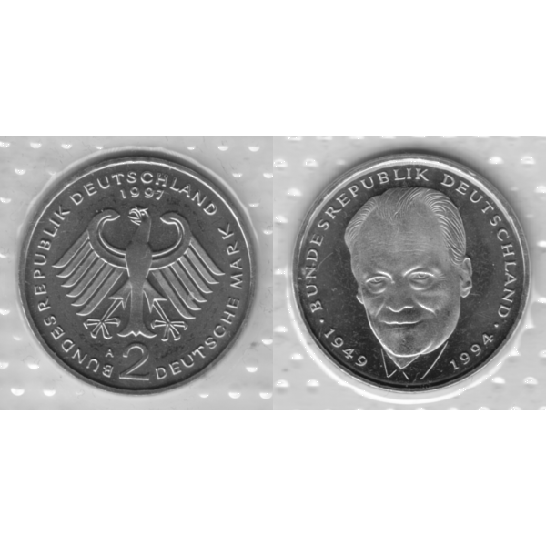 BRD-Deutschland A für Berlin 1997, 2 Deutsche Mark Gedenkmünze Willy Brandt, VS+RS horizontal Graustufen.png Quadratbild