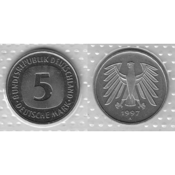 BRD-Deutschland A für Berlin 1997, 5 Deutsche Mark, RS+VS horizontal Graustufen.png Quadratbild