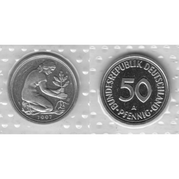 BRD-Deutschland A für Berlin 1997, 50 Deutsche Pfennige, VS+RS horizontal Graustufen.png Quadratbild