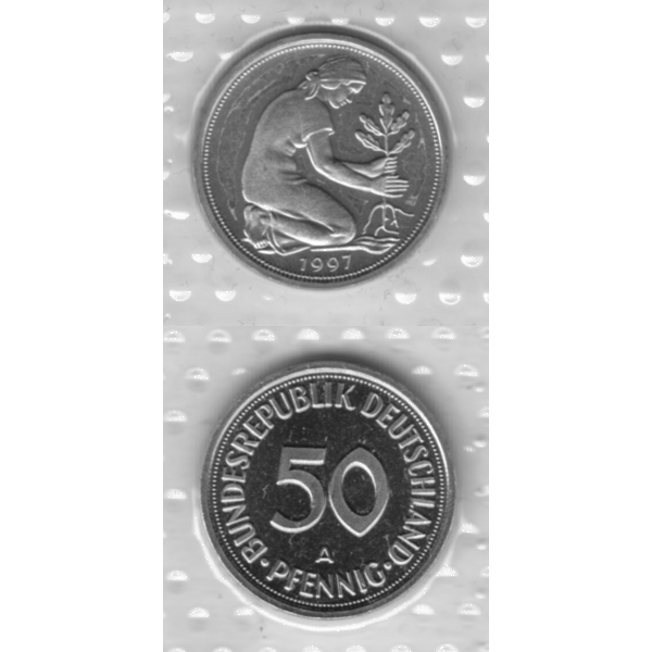 BRD-Deutschland A für Berlin 1997, 50 Deutsche Pfennige, VS+RS vertikal Graustufen.png Quadratbild