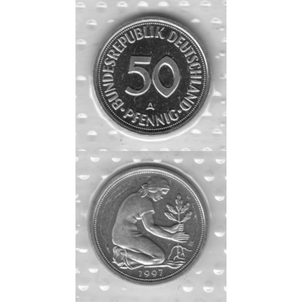 BRD-Deutschland A für Berlin 1997, 50 Deutsche Pfennige, RS+VS vertikal Graustufen.png Quadratbild