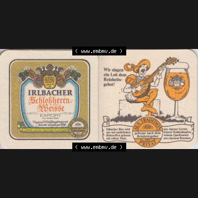 Bierdeckel Irlbacher Schloßherrn Weisse Export aus hellem Malz, Original Flaschengärung mit feinster obergäriger Hefe (1). Deutscher Katalog über deutsche Bierdeckel... Sammlung