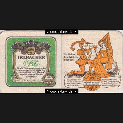 Bierdeckel Irlbacher Pils Uralte Brauerezepte, ausgesuchter aromatischer Doldenhopfen (1). Deutscher Katalog über deutsche Bierdeckel Schlossbrauerei Irlbach aus Bundesland... Sammlung