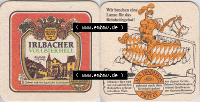 Bierdeckel Irlbacher Vollbier Hell, gebraut nach Bayerischen Reinheitsgebot (1). Deutscher Katalog über deutsche Bierdeckel Schlossbrauerei... Sammlung