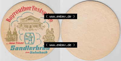 Bierdeckel Bayreuther Festspiele, ... man trinkt Sandlerbräu aus Kulmbach (1). Deutscher Katalog über deutsche Bierdeckel Kulmbacher... Sammlung