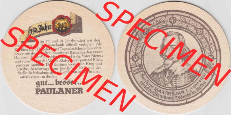 Bierdeckel Paulaner München, Kurfürst Maximilian I. 1573-1651, beriet die Paulaner-Mönche (1). Deutscher Katalog über deutsche Bierdeckel Paulaner... Sammlung