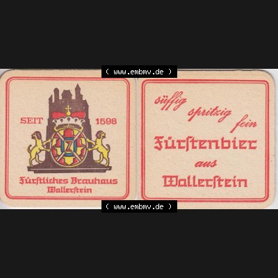 Bierdeckel Fürstliches Brauhaus Wallerstein, seit 1598, süffig sprintzig fein (1). Deutscher Katalog über deutsche Bierdeckel Fürst Wallerstein Brauhaus... Sammlung
