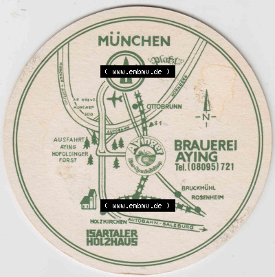 Bierdeckel Ayinger Bier-Spezialitäten, Landkarte der Brauerei Aying, Isartaler Holzhaus (3). Deutscher Katalog über deutsche... Sammlung