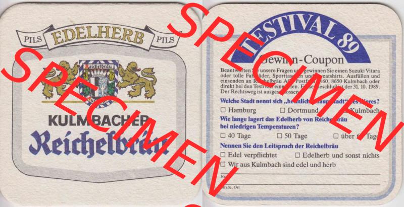 Bierdeckel 1989 Kulmbacher Reichelbräu, Edelherb, Testival 89, Gewinn-Coupon (1). Deutscher Katalog über deutsche Bierdeckel Kulmbacher Brauerei aus Bundesland... Sammlung