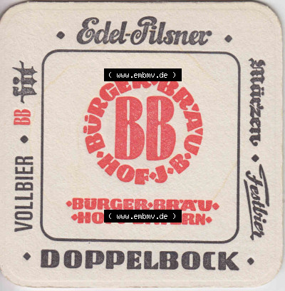 Bierdeckel Edel-Pilsner Bürgerbräu Hof-J-B, Doppelbock (2). Deutscher Katalog über deutsche Bierdeckel Bürgerbräu Hof aus... Sammlung