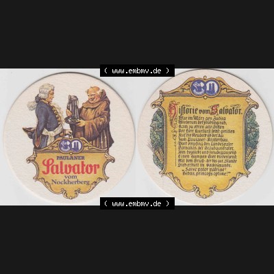 Bierdeckel Paulaner München, Salvator vom Nockerberg, Historie vom Salvator (1). Deutscher Katalog über deutsche Bierdeckel Paulaner Brauerei aus Bundesland Bayern... Sammlung