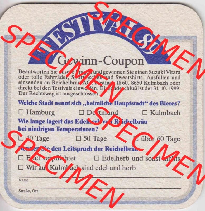 Bierdeckel 1989 Kulmbacher Reichelbräu, Edelherb, Testival 89, Gewinn-Coupon (3). Deutscher Katalog über deutsche Bierdeckel Kulmbacher Brauerei aus Bundesland... Sammlung