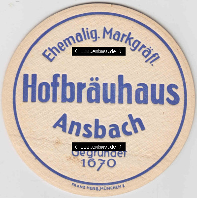 Bierdeckel Hofbräuhaus Ansbach gegründet 1670 (2). Deutscher Katalog über deutsche Bierdeckel Ansbach Hofbräuhaus aus Bundesland... Sammlung