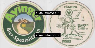 Bierdeckel Ayinger Bier-Spezialitäten, Landkarte der Brauerei Aying, Isartaler Holzhaus (1). Deutscher Katalog über deutsche... Sammlung