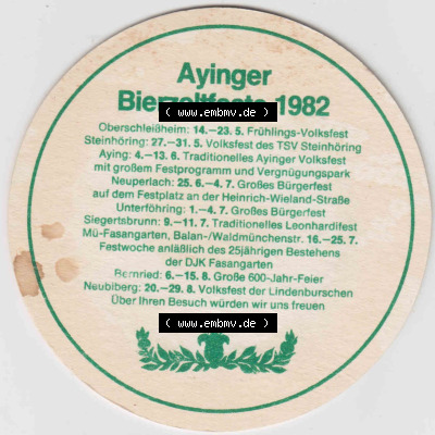Bierdeckel 1982, Ayinger Bier-Spezialitäten, Ayinger Bierzeltfeste 1982 (3). Deutscher Katalog über deutsche Bierdeckel Privatbrauerei... Sammlung