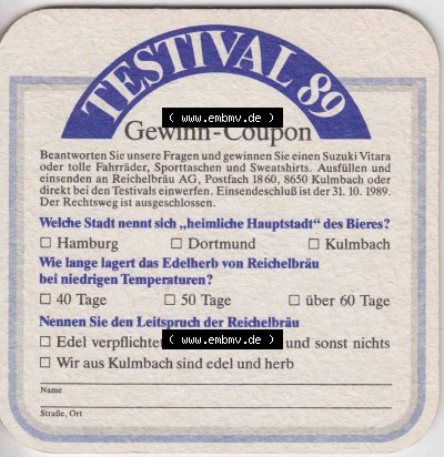 Bierdeckel 1989 Kulmbacher Reichelbräu, Edelherb, Testival 89, Gewinn-Coupon (3). Deutscher Katalog über deutsche Bierdeckel... Sammlung