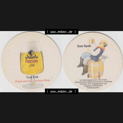 Bierdeckel Patrizier Pils vom Faß, Frank und Frei Patrizier-Bräu, Zum Spaß, Spielzeugmuseum Nürnberg (1). Deutscher Katalog über deutsche Bierdeckel... Sammlung