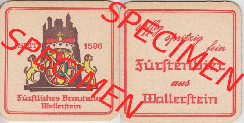 Bierdeckel Fürstliches Brauhaus Wallerstein, seit 1598, süffig sprintzig fein (1). Deutscher Katalog über deutsche Bierdeckel Fürst Wallerstein Brauhaus... Sammlung