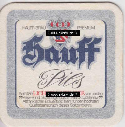 Bierdeckel Hauffbräu Premium, Hauff-Pils, Lichtenauer Bier (2). Deutscher Katalog über deutsche Bierdeckel Hauff-Bräu Lichtenau... Sammlung