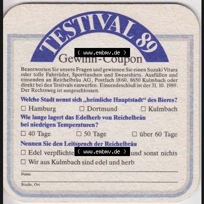 Bierdeckel 1989 Kulmbacher Reichelbräu, Edelherb, Testival 89, Gewinn-Coupon (3). Deutscher Katalog über deutsche Bierdeckel Kulmbacher Brauerei aus Bundesland... Sammlung