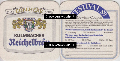 Bierdeckel 1989 Kulmbacher Reichelbräu, Edelherb, Testival 89, Gewinn-Coupon (1). Deutscher Katalog über deutsche Bierdeckel... Sammlung
