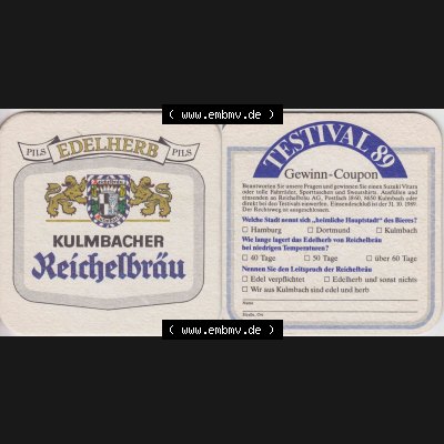 Bierdeckel 1989 Kulmbacher Reichelbräu, Edelherb, Testival 89, Gewinn-Coupon (1). Deutscher Katalog über deutsche Bierdeckel Kulmbacher Brauerei aus Bundesland... Sammlung