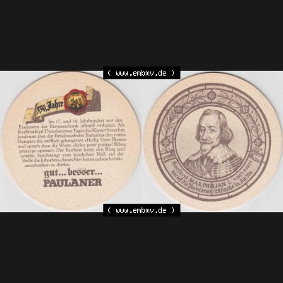 Bierdeckel Paulaner München, Kurfürst Maximilian I. 1573-1651, beriet die Paulaner-Mönche (1). Deutscher Katalog über deutsche Bierdeckel Paulaner... Sammlung