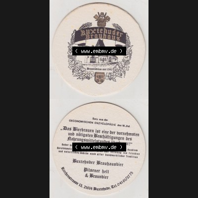 Bierdeckel Buxtehuder Brauhaus, Brauhaustradition seit 1592, Das Bierbrauen ist eine der vornehmsten und nötigsten Beschäftigungen des Nahrungsmittelstandes überhauput!... Sammlung