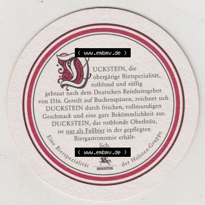 Bierdeckel Duckstein auf Buchenholz gereift, Rotblondes Oberbräu, Duckstein, die obergärige Bierspezialität rotblond und süffig (2). Deutscher Katalog... Sammlung