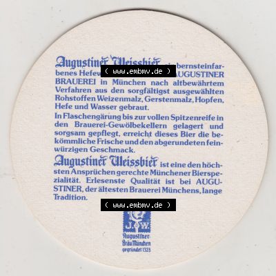 Bierdeckel Augustiner-Bräu München, Augustiner-Weissbier mit Edelster Hefe Hestgestellt in der Augustiner Brauerei (2). Deutscher Katalog über deutsche Bierdeckel... Sammlung