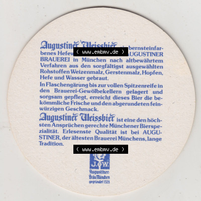 Bierdeckel Augustiner-Bräu München, Augustiner-Weissbier mit Edelster Hefe Hestgestellt in der Augustiner Brauerei (2). Deutscher... Sammlung